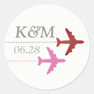 pink & red airplanes on white + initials, travel classic round sticker