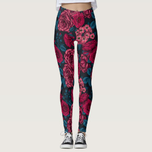 Pink, red and bi-colour roses with blue leaves on leggings