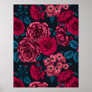 Pink, red and bi-colour roses with blue leaves on poster