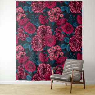 Pink, red and bi-colour roses with blue leaves on  tapestry