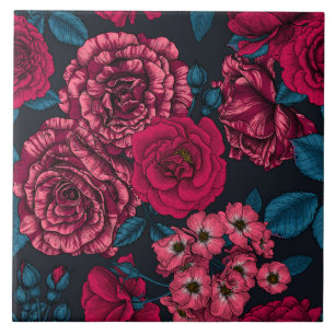 Pink, red and bi-colour roses with blue leaves on  tile