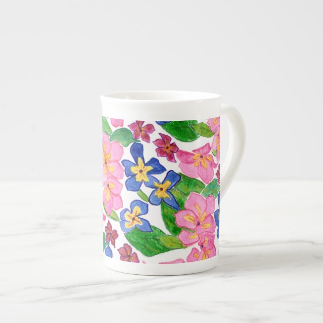 Pink, Red and Blue Primroses Floral Pattern, White Bone China Mug (Front Right)