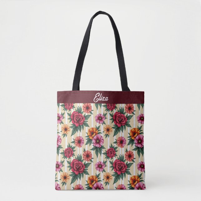 Pink Red and Gold Flowers on Tan Stripes Tote Bag (Front)