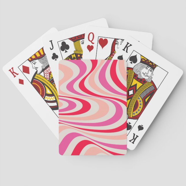 Pink, red and grey abstract retro swirl design playing cards (Back)