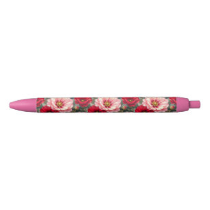 Pink, red and mauve flowers black ink pen