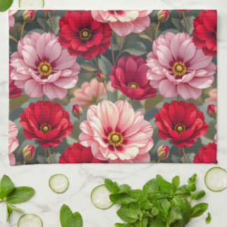 Pink, red and mauve flowers kitchen towel