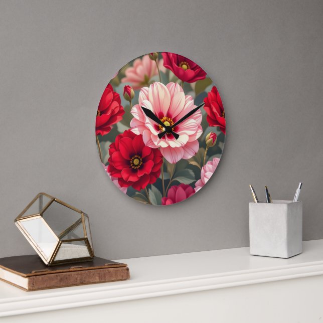 Pink, red and mauve flowers  large clock (Office)