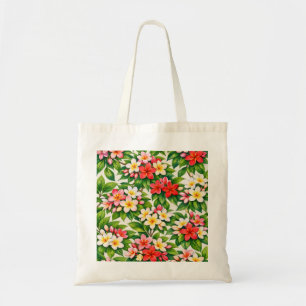 Pink Red and White Plumeria Tropical Floral Tote Bag