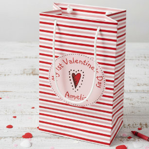 Pink Red and White Stripes Babys First Valentine Small Gift Bag