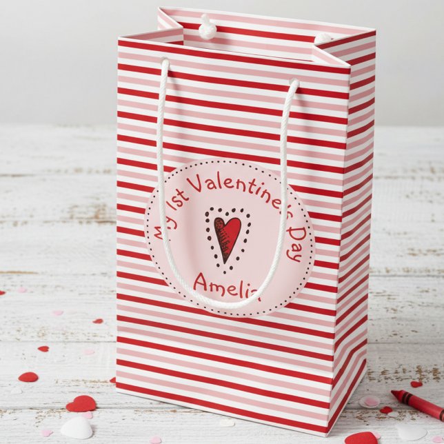 Pink Red and White Stripes Babys First Valentine Small Gift Bag (Cute Trendy My 1st Valentine's Day Gift Bags for Baby Girl. Modern Red Pink Stripes Pattern for Kids)