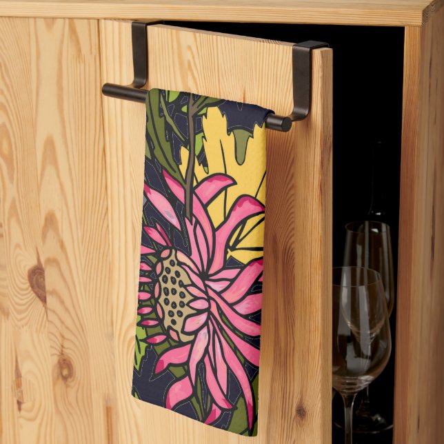 Pink red and yellow aster flower chalkboard kitchen towel (Thirds Fold)