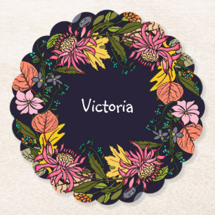 Pink red and yellow aster flower wreath chalkboard paper coaster