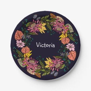 Pink red and yellow aster flower wreath chalkboard paper plate