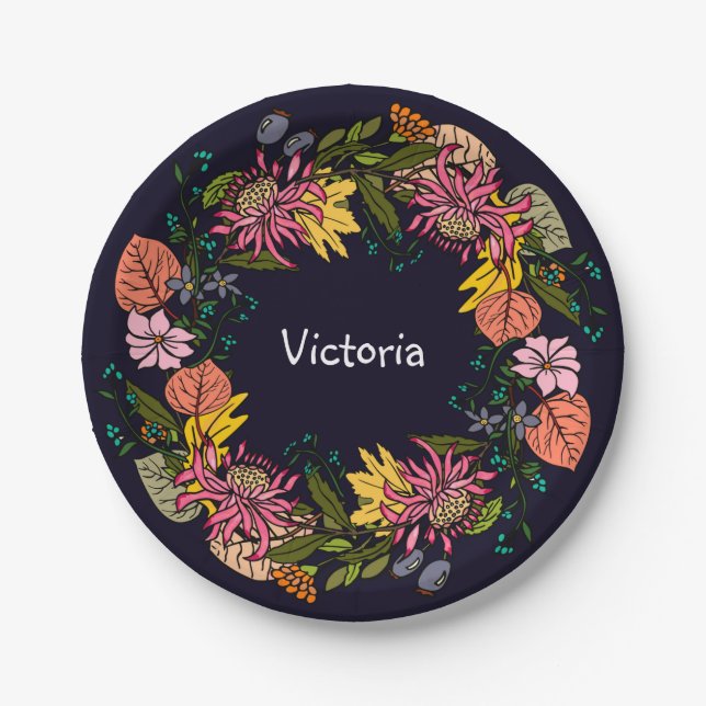 Pink red and yellow aster flower wreath chalkboard paper plate (Front)