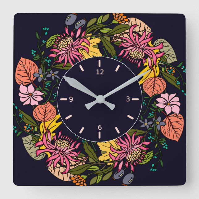 Pink red and yellow aster flower wreath chalkboard square wall clock (Front)