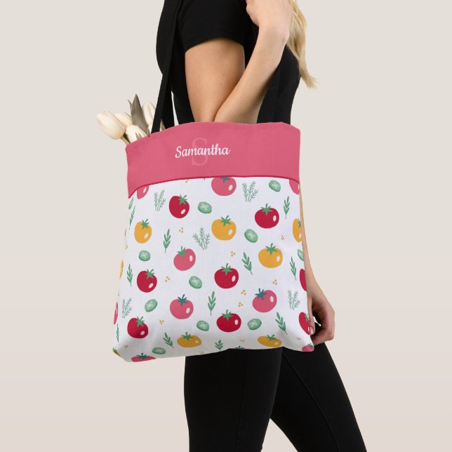 Pink Red and Yellow Tomato Pattern Shopping Tote Bag (Close Up)