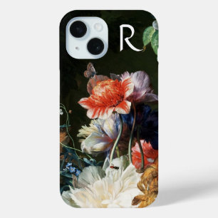 PINK RED ANEMONES WHITE FLOWERS,BUTTERFLY MONOGRAM iPhone 15 CASE