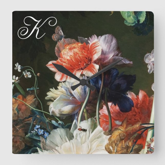PINK RED ANEMONES WHITE FLOWERS,BUTTERFLY MONOGRAM SQUARE WALL CLOCK (Front)