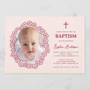 Pink Red Baptism with Girl Photo in Floral Wreath Invitation