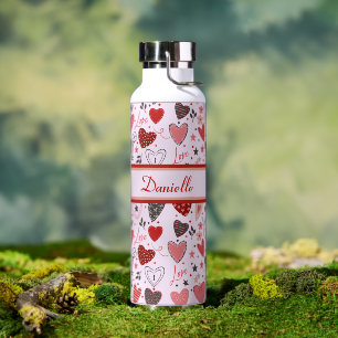 Pink, Red & Black Patterned Hearts, Stars, Dots Water Bottle