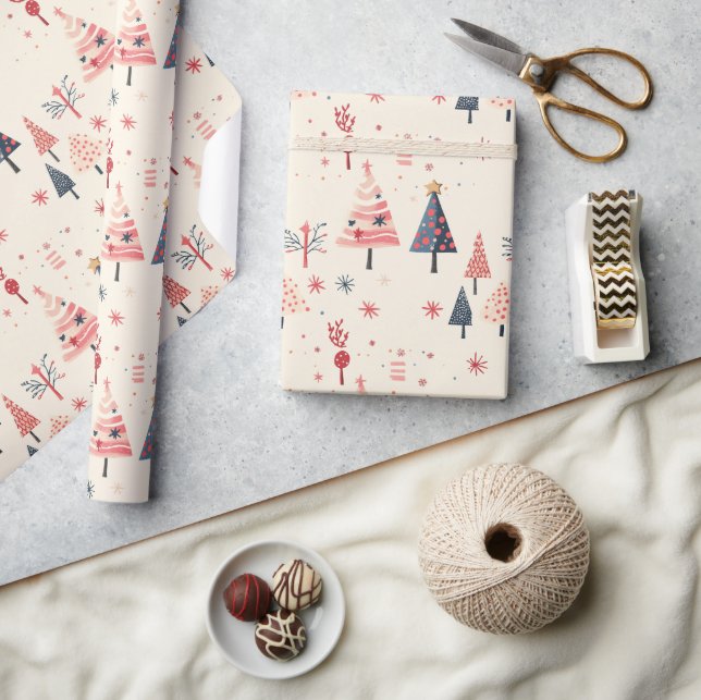 Pink, Red, Blue Tree Festive Holiday Art Wrapping Paper (Crafts)