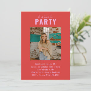 Pink Red Bold Photo Birthday Party Celebration Invitation
