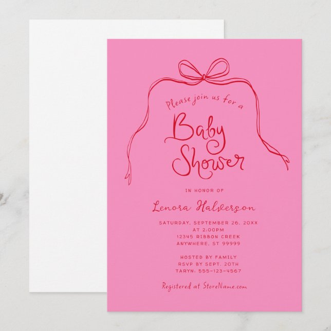 Pink Red Bold Simple Bow Baby Shower Invitation (Front/Back)