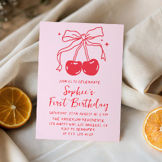 Pink & Red Bow Cherry Fruit 1st Birthday Party Invitation