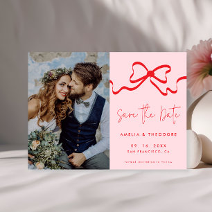 Pink Red Bow Modern Photo Wedding Save The Date