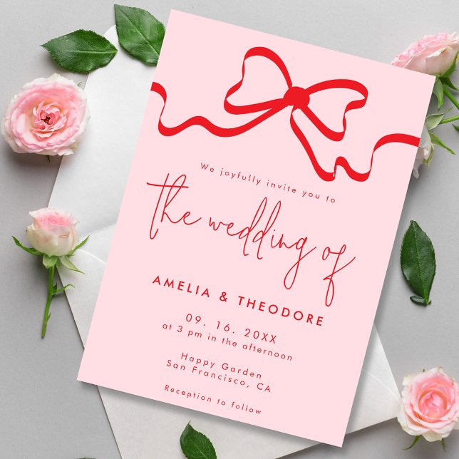 Pink Red Bow Modern Wedding Invitation (Creator Uploaded)