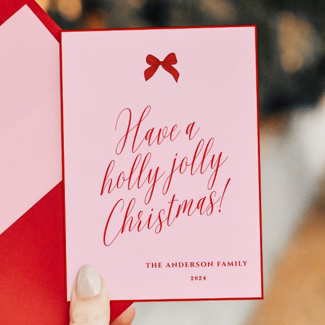 Pink Red Bow Simple Typography Holiday Card (Creator Uploaded)