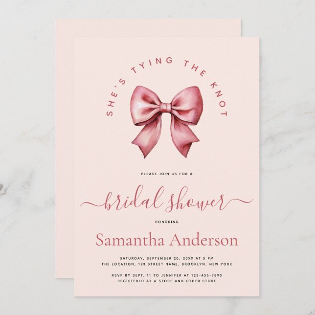 Pink Red Bow Tying the Knot Bridal Shower Invitation (Front/Back)