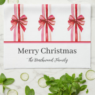 Pink Red Bows Christmas Kitchen Towel