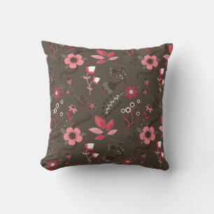 Pink Red Brown Floral Pattern Throw Pillow