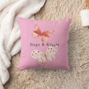 Pink Red Butterflies Hugs Kisses Throw Pillow