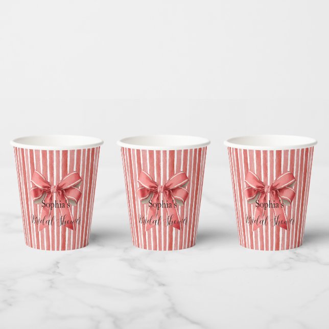 Pink Red Candy Cane Stripes Bow Bridal Shower Paper Cups (Multi)