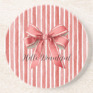 Pink Red Candy Cane Stripes Bow Coaster