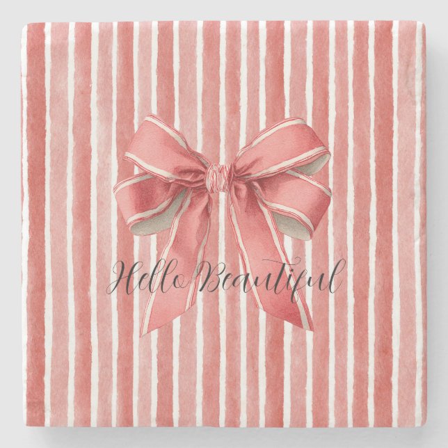 Pink Red Candy Cane Stripes Bow Stone Coaster (Front)