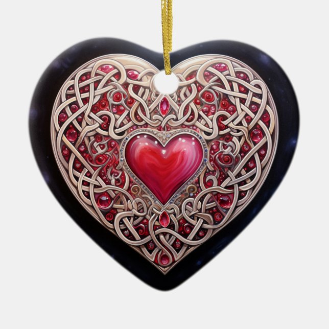 Pink Red Celtic Knot Heart Ceramic Ornament (Front)