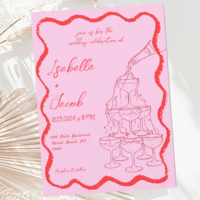 Pink Red Champagne Tower Wavy Hand Drawn Wedding Invitation (Creator Uploaded)
