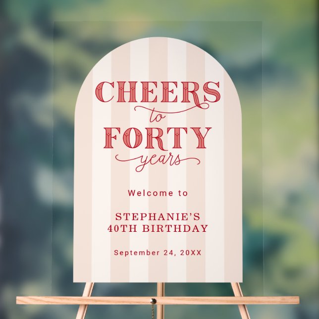 Pink Red Cheers Forty Years 40th Birthday Welcome  Acrylic Sign (Neutral)