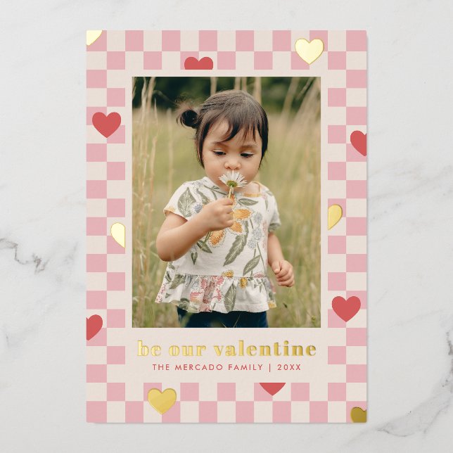 Pink Red Chequerboard Hearts Valentine's Day Card (Front)