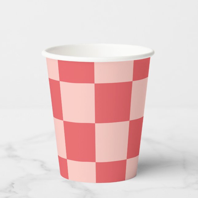 Pink Red Chequered Gingham Pattern Paper Cups (Front)