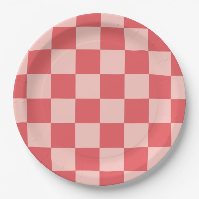 Pink Red Chequered Gingham Pattern Paper Plate (Front)