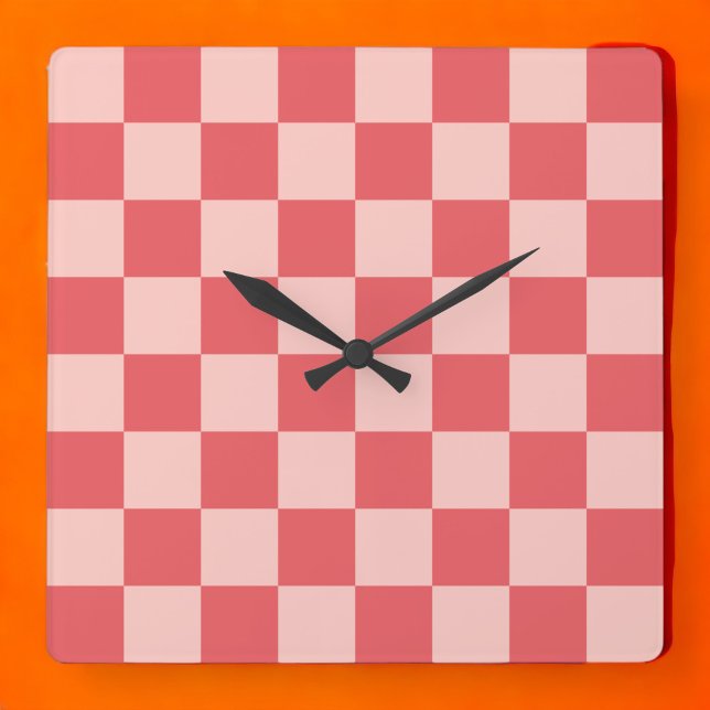Pink Red Chequered Gingham Pattern Square Wall Clock (Zazzle Pink Red Checkered Gingham Pattern Square Wall Clock)