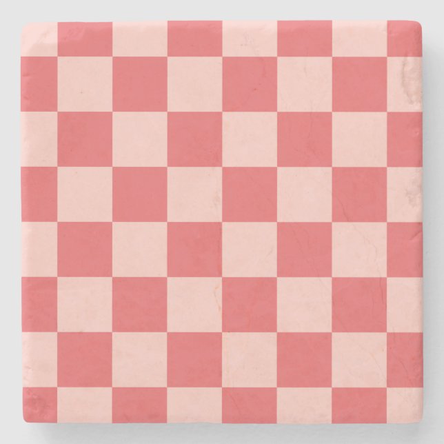 Pink Red Chequered Gingham Pattern Stone Coaster (Front)