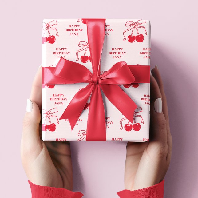 Pink & Red Cherry Happy Birthday  Wrapping Paper (Creator Uploaded)