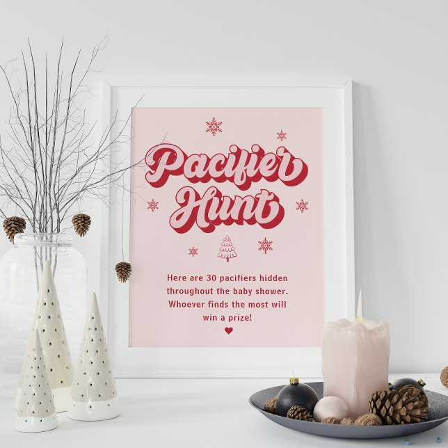 Pink Red Christmas Baby Shower Pacifier Hunt Game Poster (Creator Uploaded)
