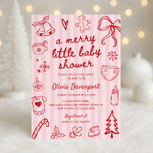 Pink Red Christmas Doodle Merry Little Baby Shower Invitation