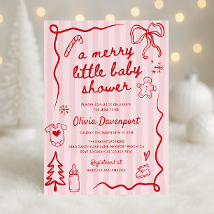 Pink Red Christmas Doodle Merry Little Baby Shower Invitation